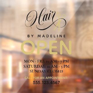 Swirly Black Text Scissors Hair Salon Open Hours