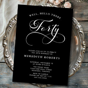 Swirly Calligraphy Black 40th Birthday Party Invitation