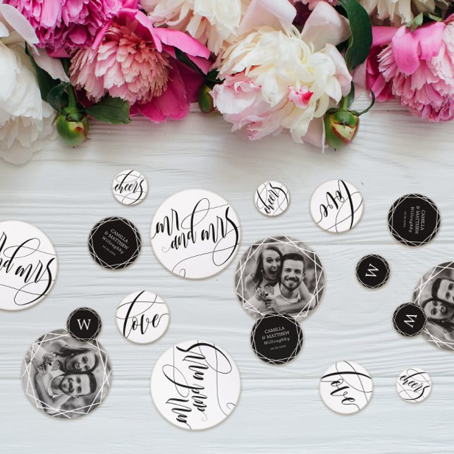 Swirly Calligraphy Black & White Wedding Confetti (Creator Uploaded)