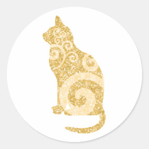 Swirly Cat Gold Glitter Classic Round Sticker