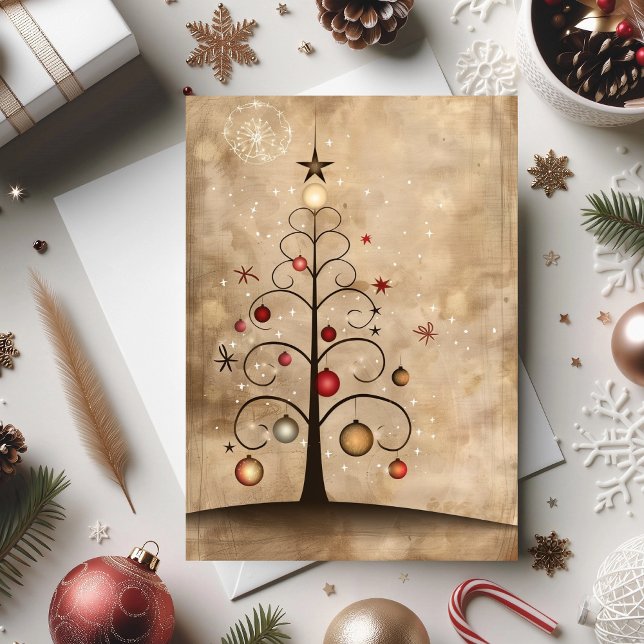 Swirly Christmas Tree Magic with Dancing Ornament  Card (An elegant tree design with vintage charm and hand-drawn beauty)