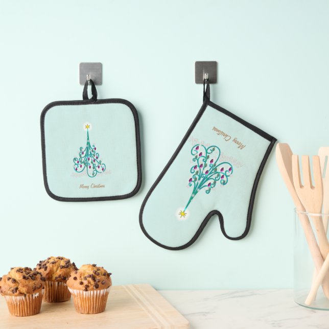Swirly Christmas Tree  Oven Mitt & Pot Holder Set (Insitu(Hanging))