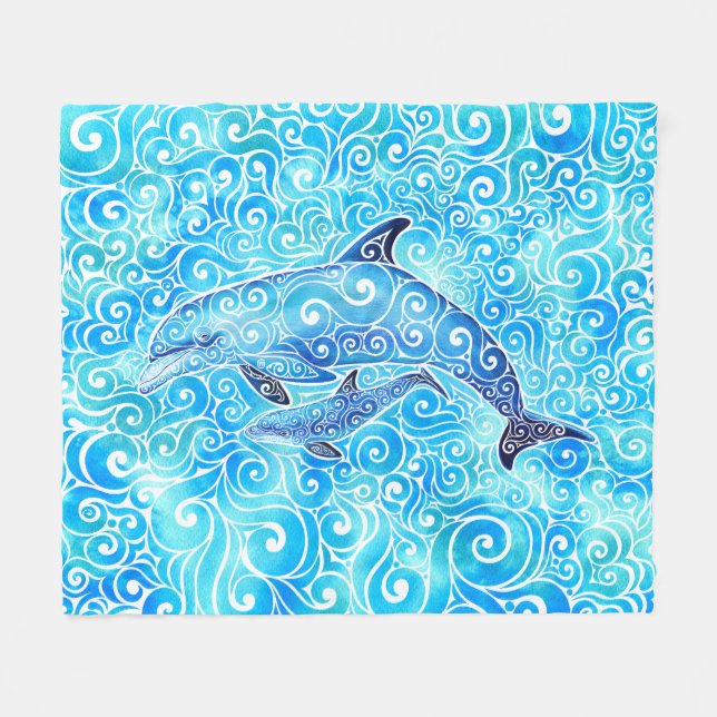 Swirly Dolphin Family  Fleece Blanket (Front (Horizontal))
