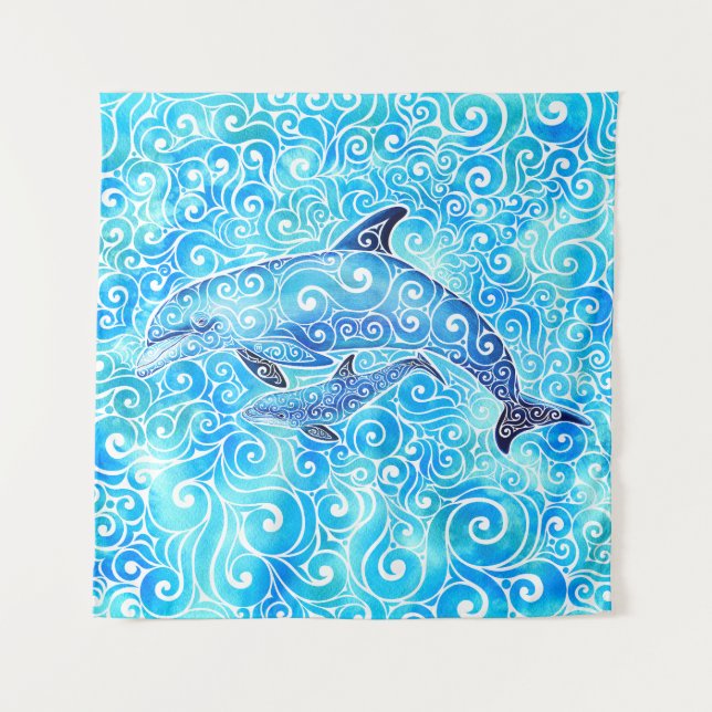 Swirly Dolphin Family  Tapestry (Front)