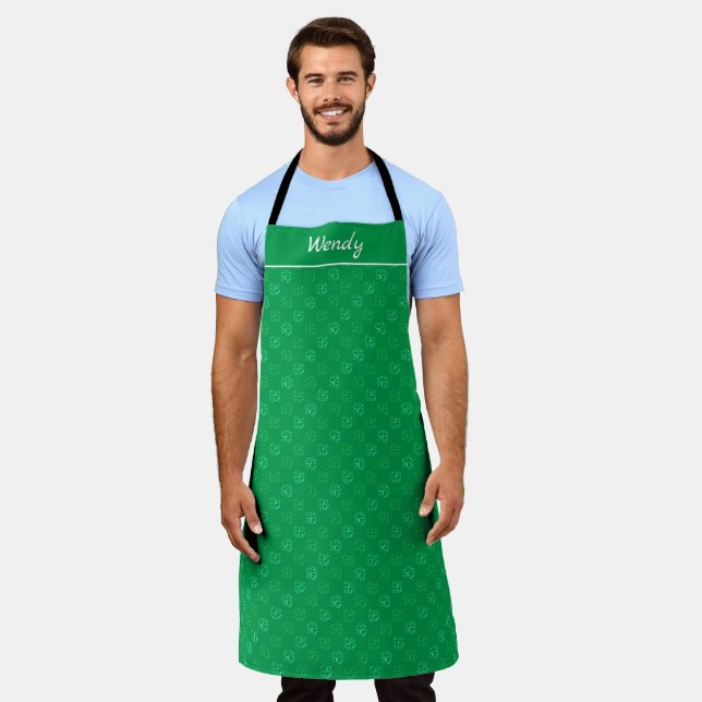 Swirly Green Shade Shamrock Polka Pattern on Green Apron (Worn)