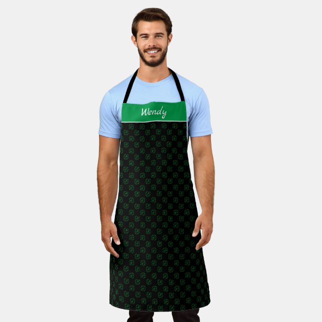 Swirly Green Shamrock Polka Pattern on Black Apron (Worn)