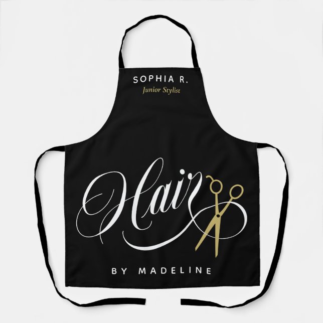 Swirly Hair & Gold Scissors Salon Employee Name Apron (Front)