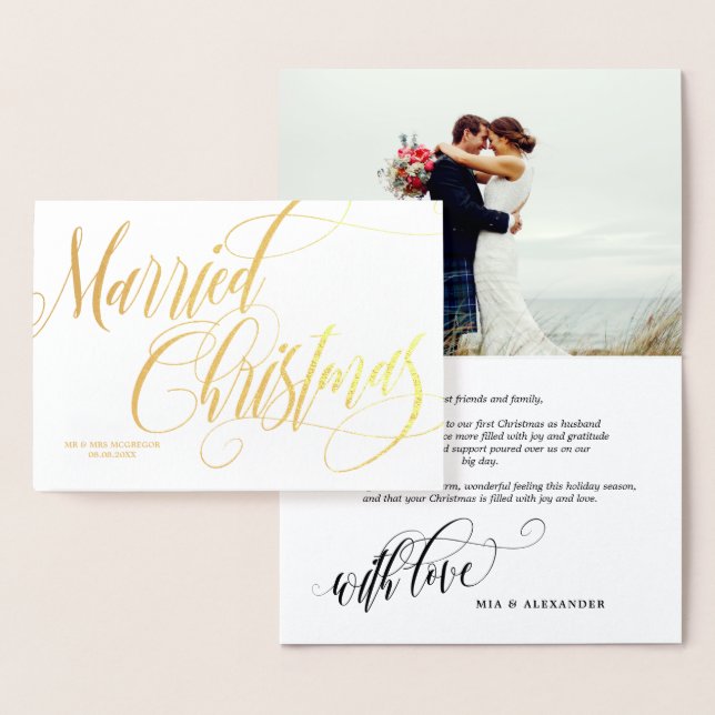 Swirly Married Christmas Wedding Photo Thank You Foil Card (Display)