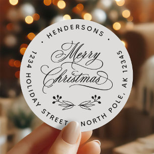 Swirly Merry Christmas Script Return Address  Classic Round Sticker