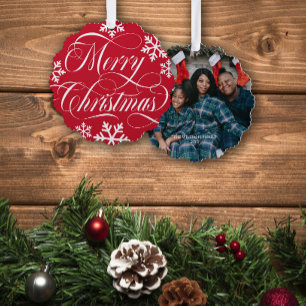 Swirly Merry Christmas Snowflakes with Photo Tree Decoration Card