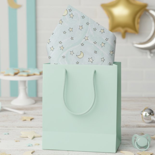 Swirly Mint Stars & Moons Tissue Paper (Cute Stars and Moons Pattern Pastel Mint Gender Neutral Baby Shower Tissue Paper for Mother to Be.)