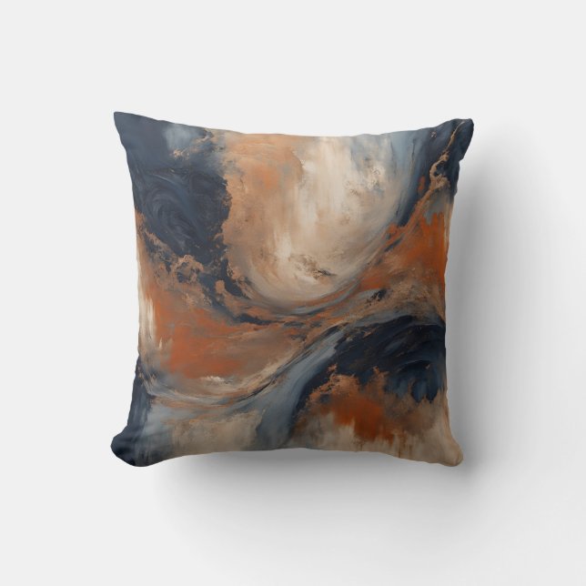Swirly Navy Blue Orange Light Blue Marble Cushion (Front)