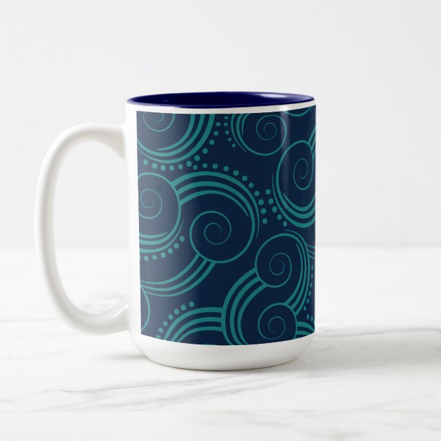 Swirly Ocean Waves Two-Tone Coffee Mug (Left)