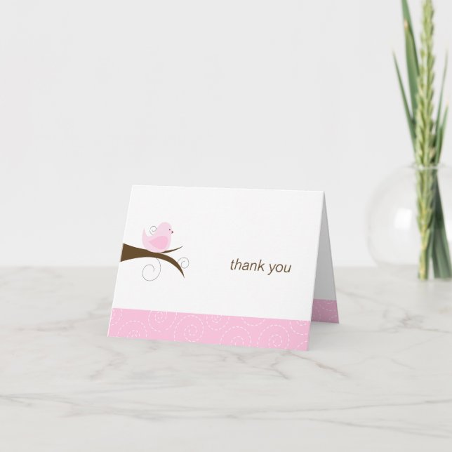 Swirly Pink Bird Note Card Thank You Note Folded (Front)