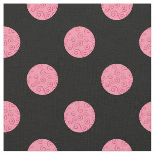 Swirly pink polka dots on black background fabric