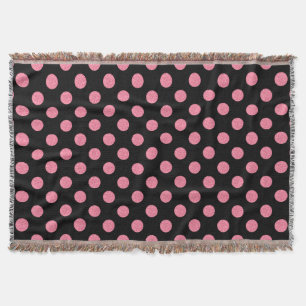 Swirly pink polka dots on black background throw blanket