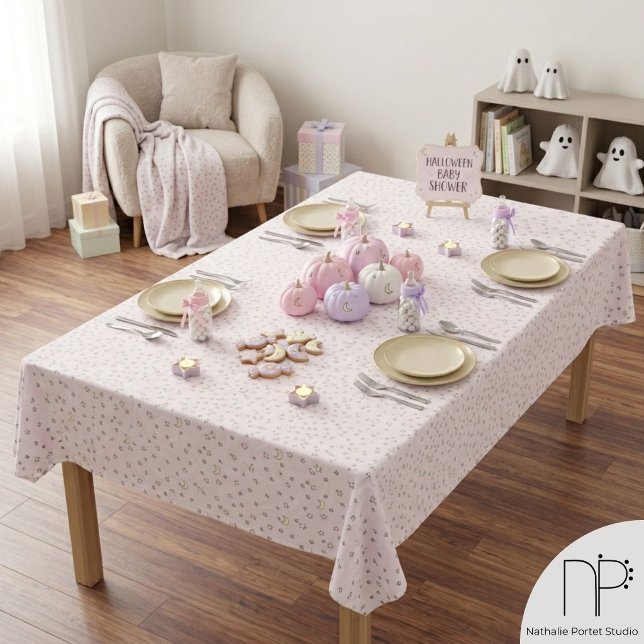 Swirly Pink Stars and Moons Tablecloth (Hand drawn pink stars and moons tablecloth for a whimsical October baby shower or Halloween party)