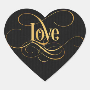 Swirly Script Calligraphy Love Gold on Black Heart Sticker