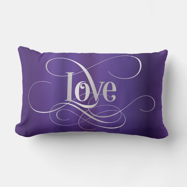 Swirly Script Calligraphy Love Silver on Purple Lumbar Cushion (Front)