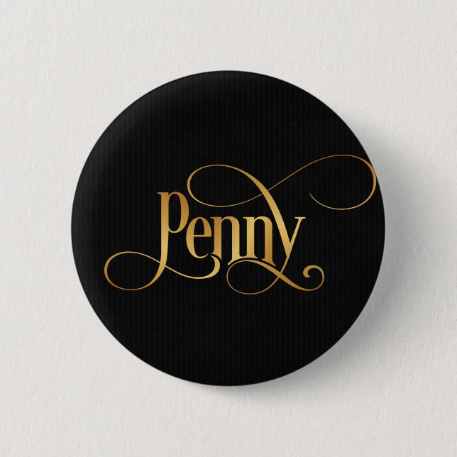 Swirly Script Calligraphy Penny Gold on Black 6 Cm Round Badge (Front)