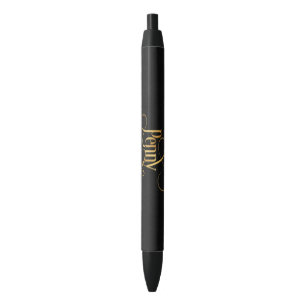 Swirly Script Calligraphy Penny Gold on Black Ink Pen