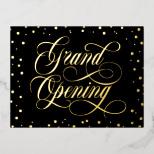 Swirly Script & Gold Foil Confetti Grand Opening Foil Invitation Postcard