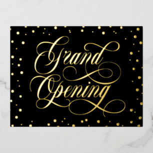 Swirly Script & Gold Foil Confetti Grand Opening Invitation Postcard