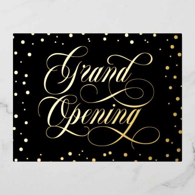 Swirly Script & Gold Foil Confetti Grand Opening Invitation Postcard (Front)