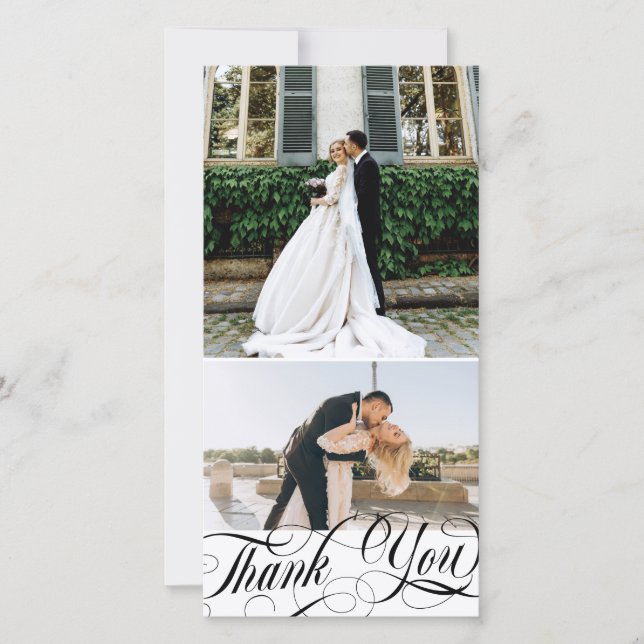 Swirly Script Thank You 2 Wedding Photos Card (Front)