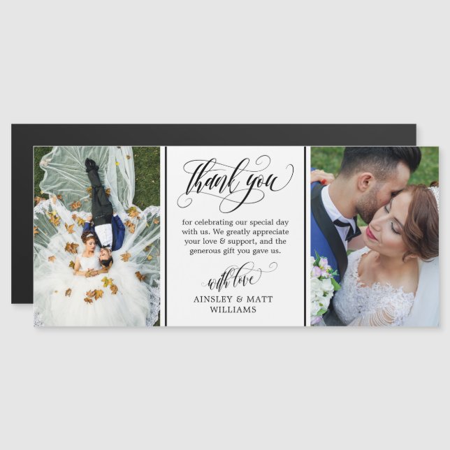 Swirly Script Two Wedding Photos Thank You Magnetic Invitation (Front/Back)