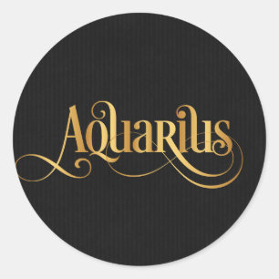 Swirly Script Zodiac Sign Aquarius Gold on Black Classic Round Sticker
