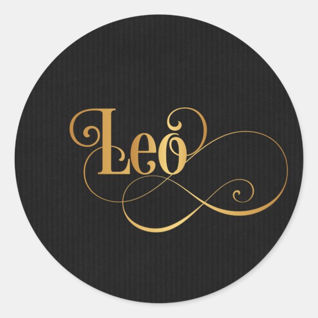 Swirly Script Zodiac Sign Leo Gold on Black Classic Round Sticker (Front)