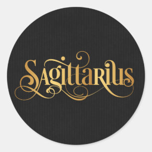 Swirly Script Zodiac Sign Sagittarius Gold Black Classic Round Sticker