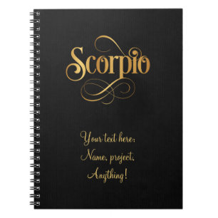 Swirly Script Zodiac Sign Scorpio Gold on Black Spiral Notebook