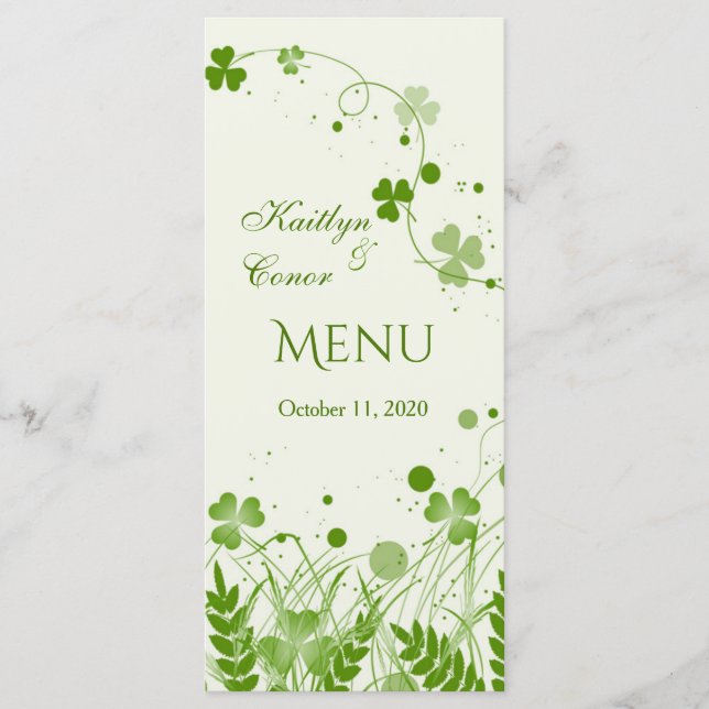 Swirly shamrock in a meadow Wedding Menu Rack card (Front)