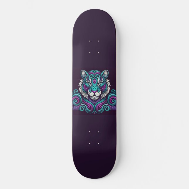 Swirly Turq & Purple Tiger Skateboard (Front)