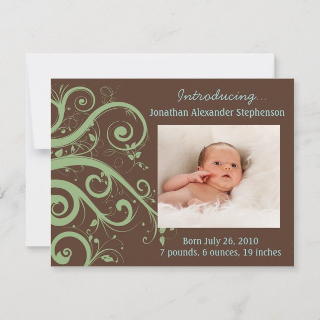 Swirly Vines Green & Brown Baby Boy Photo Birth Announcement (Front)