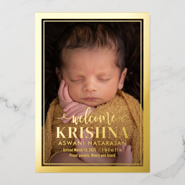 Swirly Welcome Foil Modern Baby Birth Announcement (Front)