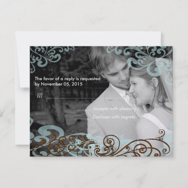 Swirly Your Photo Wedding Reponse Card Blue  Brown (Front)