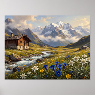 Swiss Alps Chalet & Wildflower Meadow Poster