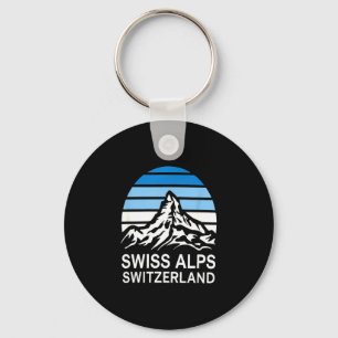 Swiss alps retro mountain scene with striped sky key ring