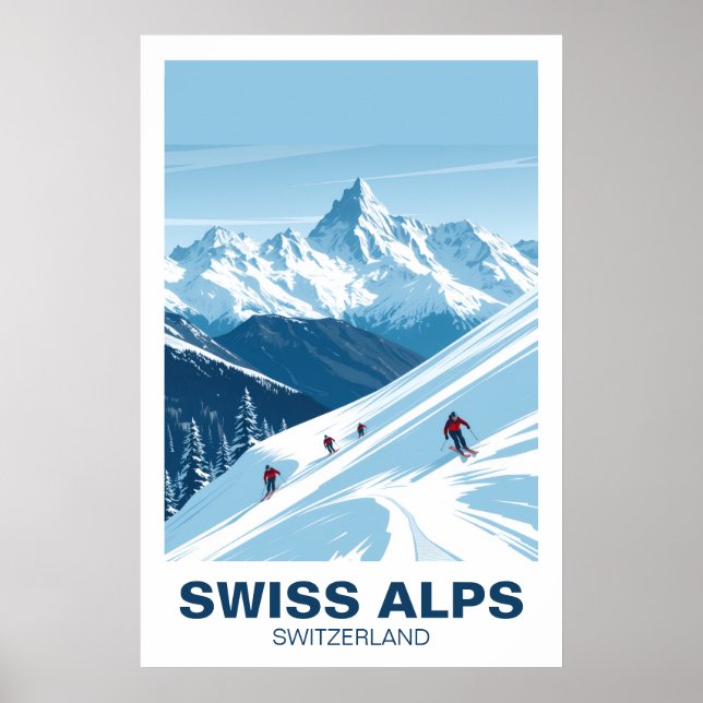 Swiss Alps Skiing, Switzerland Vintage Travel Art Poster (Front)