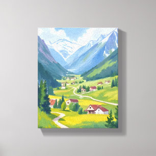 Swiss Alps Watercolor Mountains Travel Painting Canvas Print