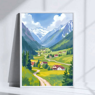 Swiss Alps Watercolor Mountains Travel Painting Poster
