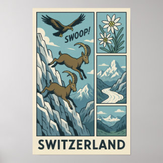 Swiss Alps Wildlife Comic Poster
