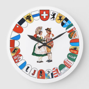 Swiss cantons and folk dancers large clock