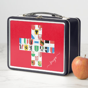 Swiss Cantons Flags Embedded on Swiss Flag  Metal Lunch Box