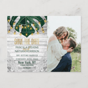 Swiss Cheese Leaf String Light Lace Gold Save Date Postcard
