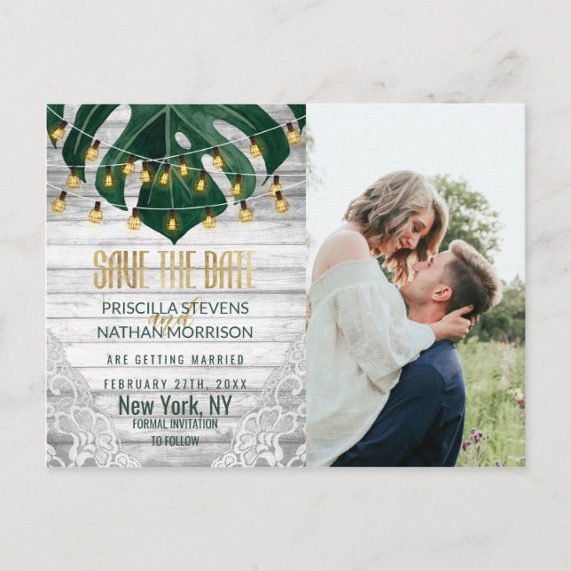 Swiss Cheese Leaf String Light Lace Gold Save Date Postcard (Front)