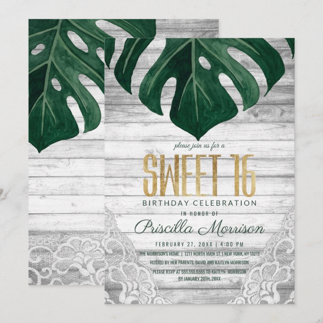 Swiss Cheese Leaf White Wood Lace Gold Sweet 16 Invitation (Front/Back)